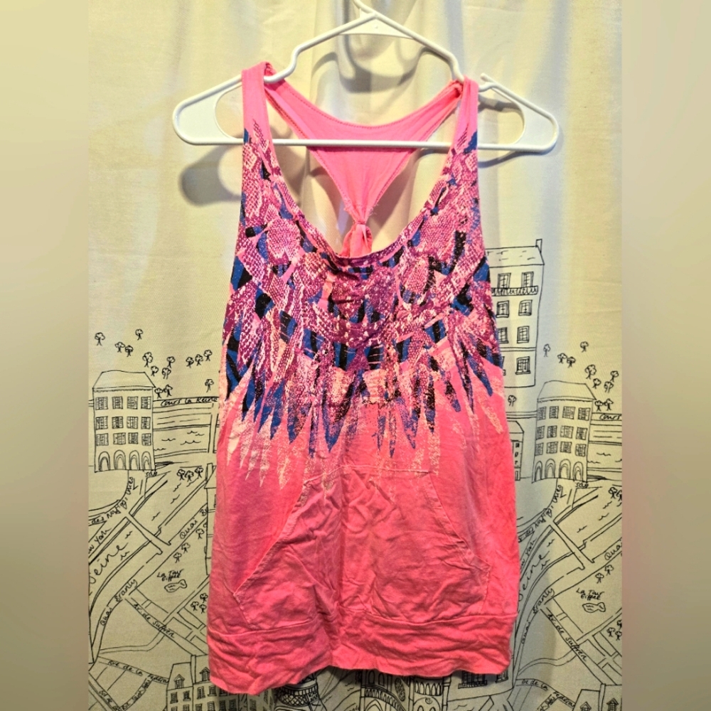 EUC Women's Hot Topic Pink Geometric Print Tie Back Racer Back Tank Size Medium